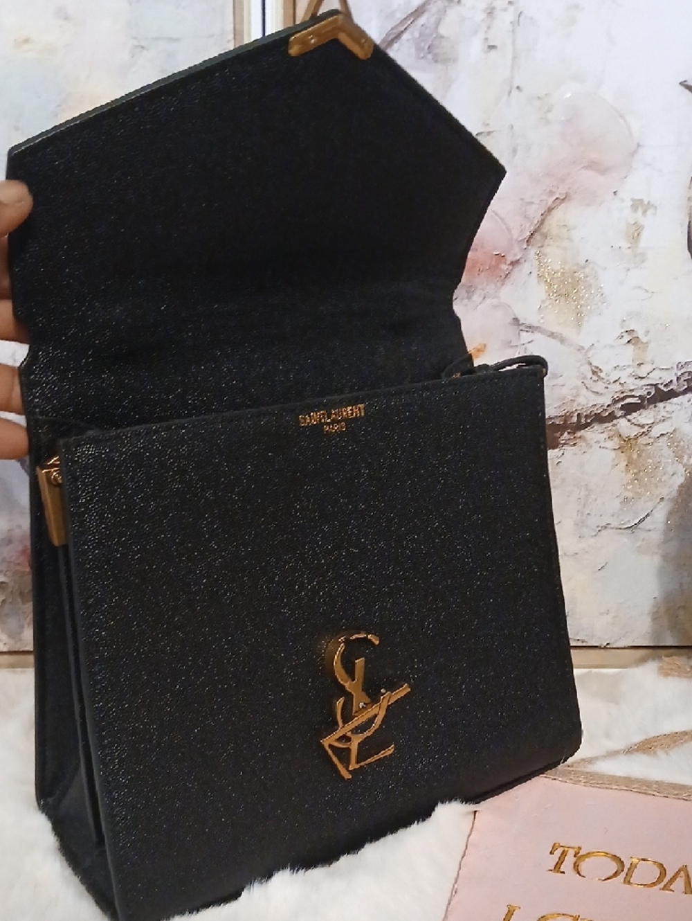 Saint Laurent Black Top-Handle Satchel with Gold YSL Monogram Lock - Picture 4 of 12